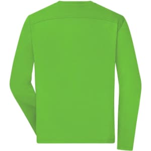 A long-sleeved men's work t-shirt in bright green, featuring a simple design and a logo on the back.