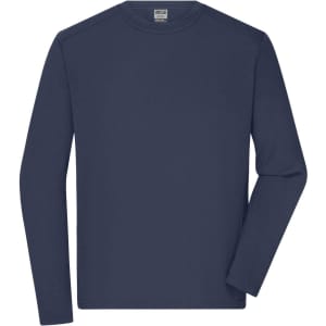 A navy long-sleeve t-shirt with a crew neck and a logo on the label. Suitable for workwear.