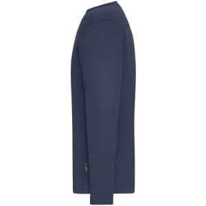 A navy long-sleeve work t-shirt displayed from the side, featuring a logo.