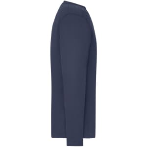 A navy long-sleeve work T-shirt featuring a side view and showcasing a simple design with a logo.