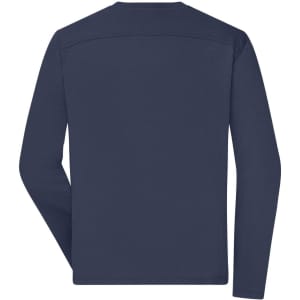 A navy long-sleeve work T-shirt featuring a simple back design. Includes a branding logo.