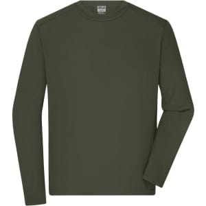 A long-sleeve men's work t-shirt in dark green, featuring a simple design and a logo on the tag.
