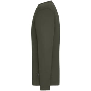 A long-sleeved olive green men's work T-shirt with a logo on the side.