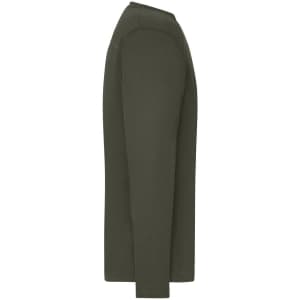 A long-sleeve olive green work t-shirt with a simple design and a logo on the side.