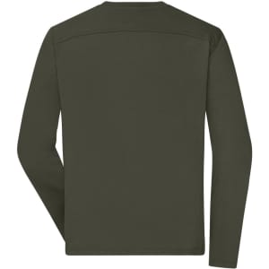 A long-sleeve olive green work T-shirt featuring a back view and a discreet logo.