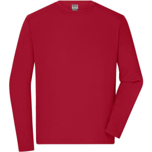 A red long-sleeve t-shirt for men, featuring a round neckline and a branding logo on the label.