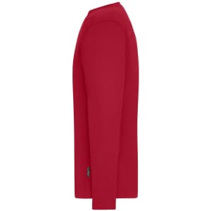 A red long-sleeved work T-shirt with a fitted style and a logo on the side.
