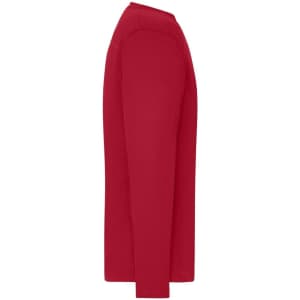 A red long-sleeve T-shirt designed for men's workwear, featuring a simple design and a side view.