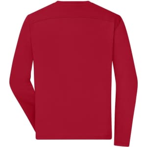 A red long-sleeve work T-shirt featuring a simple design and a straight cut. It has a logo on the back.