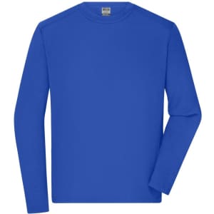 A blue long-sleeve men's work T-shirt with a crew neckline and one visible logo on the chest area.