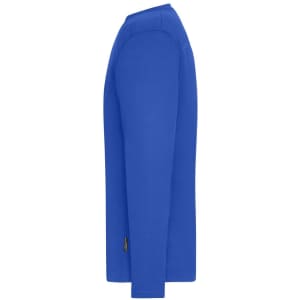 A blue long-sleeved work t-shirt with a logo, displayed from the side view.