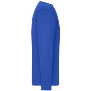 A blue long-sleeve T-shirt designed for men, featuring a side view and a simple design with a logo.