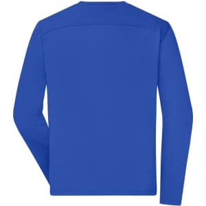 A long-sleeve men's work t-shirt in vibrant blue, featuring a logo on the back.