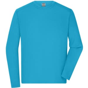 A long-sleeve t-shirt in bright turquoise, featuring a collar and a logo on the label.