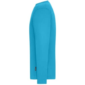 A long-sleeve t-shirt in vibrant blue, featuring a logo on the side.