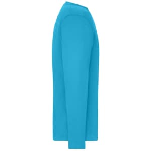 A turquoise long-sleeve T-shirt with a round neckline and a logo on the side.