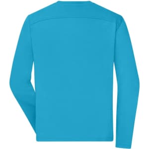 A long-sleeve t-shirt in bright blue, featuring a back view and a logo on the fabric.