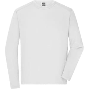 A long-sleeve white T-shirt designed as workwear, featuring a logo on the label.