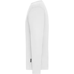 A men's long-sleeved T-shirt in white, featuring a side view and a small branded logo.