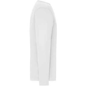 A long-sleeved white work T-shirt with a simple design and branding on the fabric.