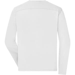 A long-sleeve white men's work T-shirt with a simple design featuring a logo on the back.