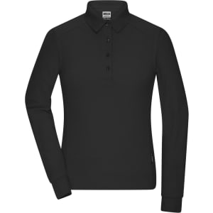 A black long-sleeve polo shirt featuring a collar, buttons, and a logo. Suitable for workwear purposes.