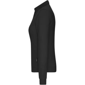 A black ladies' polo shirt with long sleeves and a collar, featuring a logo on the side.