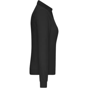 A black ladies work polo shirt side view, featuring long sleeves and a collar, with a logo present.