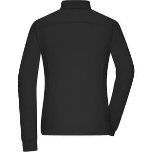 A black long-sleeve polo shirt with a collar and a fitted design at the back. Features a branding logo.