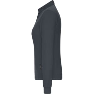 A dark grey ladies' work polo shirt featuring long sleeves and a collar, with a small logo on the side.
