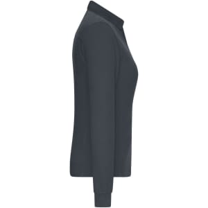 A dark grey long-sleeve polo shirt with a collar and a logo on the chest. Ideal for workwear purposes.