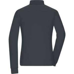 A dark grey long-sleeve polo shirt for women, featuring a collar and a plain back design. It has a logo on the back.