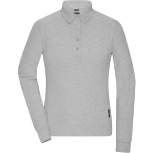 A light grey long-sleeve polo shirt for women, featuring a collar and a branded tag.