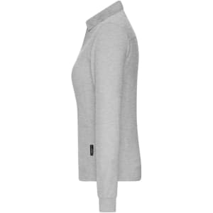 A grey ladies' polo shirt with a collar and long sleeves, featuring a logo on the side.