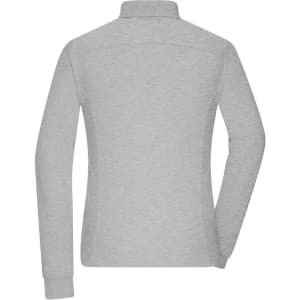 A grey long-sleeved polo shirt with a collar and a branded logo on the back.