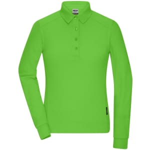 A long-sleeved ladies' polo shirt in bright green with a collar and a logo on the side.