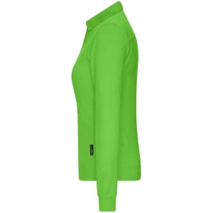 A bright green women's long-sleeve polo shirt with a collar and a logo on the side.