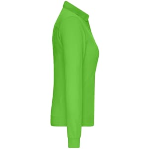 A side view of a vibrant green ladies' work polo shirt, featuring a collar and long sleeves. It has a logo on it.