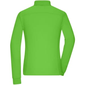 A bright green women's work polo shirt featuring a collar and long sleeves, with a logo present on the design.
