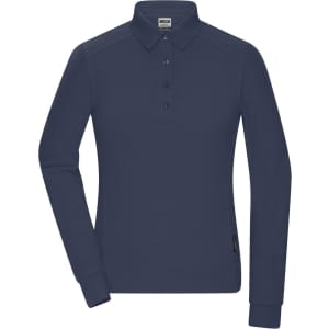 A long-sleeve navy polo shirt for women, featuring a collar, button placket, and a logo tag.