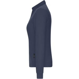A navy blue long-sleeve polo shirt for women, featuring a side view and a logo on the garment.