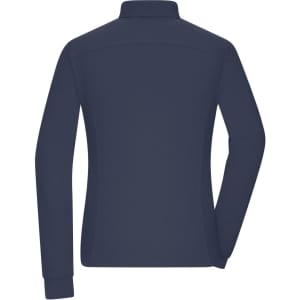 A navy blue ladies' polo shirt with long sleeves and a collar, featuring a logo on the back.