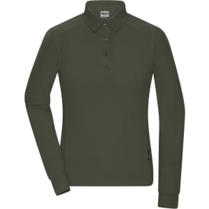 A long-sleeved olive green polo shirt with a collar and a logo on the side.