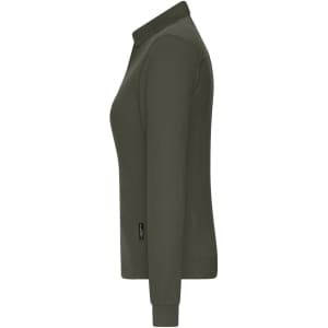 A side view of a ladies' polo shirt in olive green, featuring long sleeves and a collar, with a logo on the side.