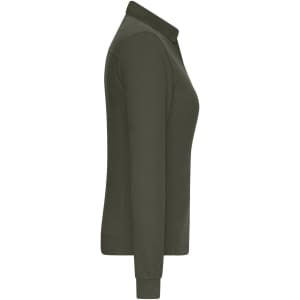 A ladies' long-sleeve polo shirt in olive green, featuring a collar and a fitted design. It has a logo on the chest.
