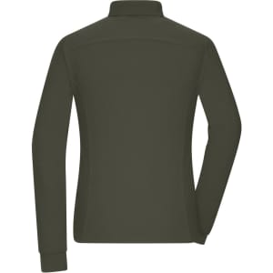 A dark green long-sleeve polo shirt with a collar and a fitted design, featuring a logo on the back.