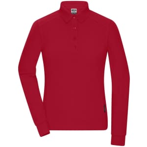 A red long-sleeve polo shirt for ladies with a collar and button placket. The shirt includes a branding logo.