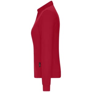 A red long-sleeve polo shirt with a collar and a logo on the side.