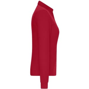 A side view of a red ladies' long sleeve polo shirt featuring a collar and long sleeves, with a subtle logo.