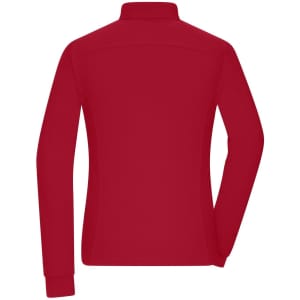 A red ladies workwear long-sleeve polo shirt with a collar and a logo on the back.